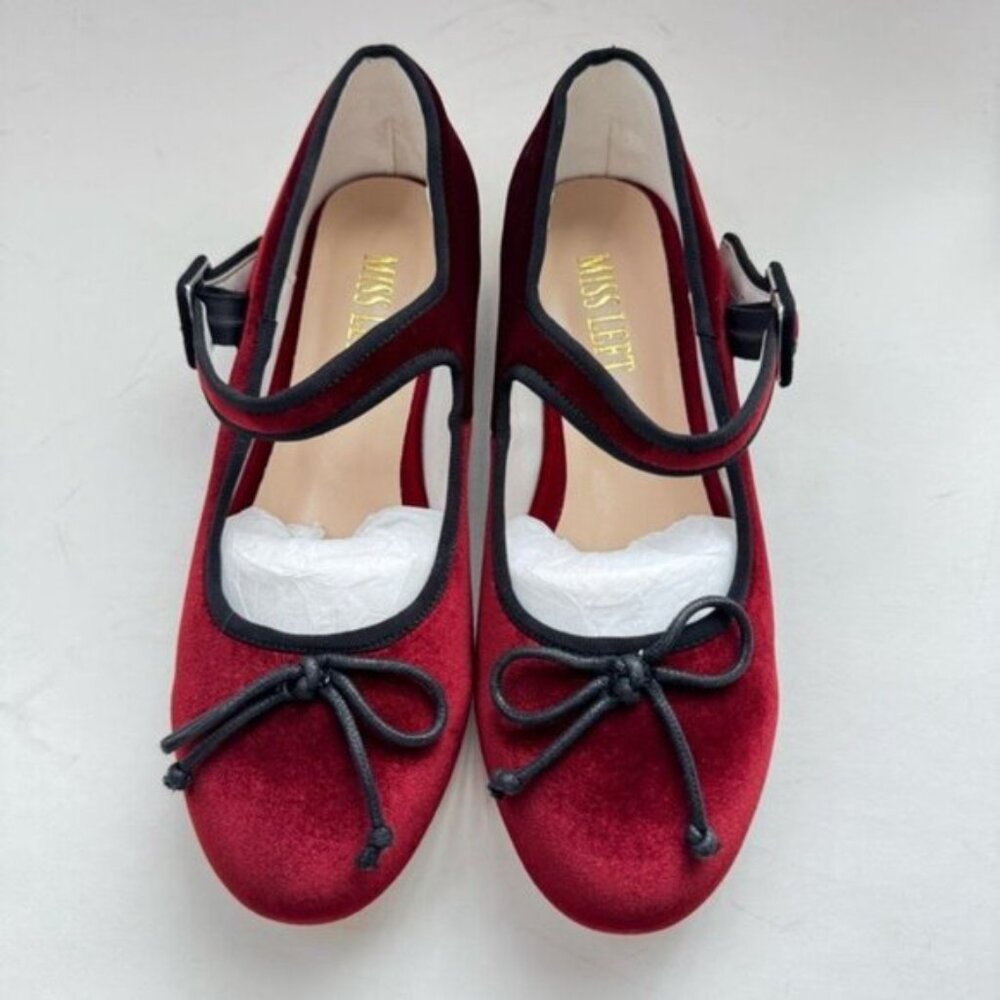 Size 7.5 Miss Left Women Bowknot Ankle Strap Classic Ballet Flats Burgundy - Picture 8 of 13
